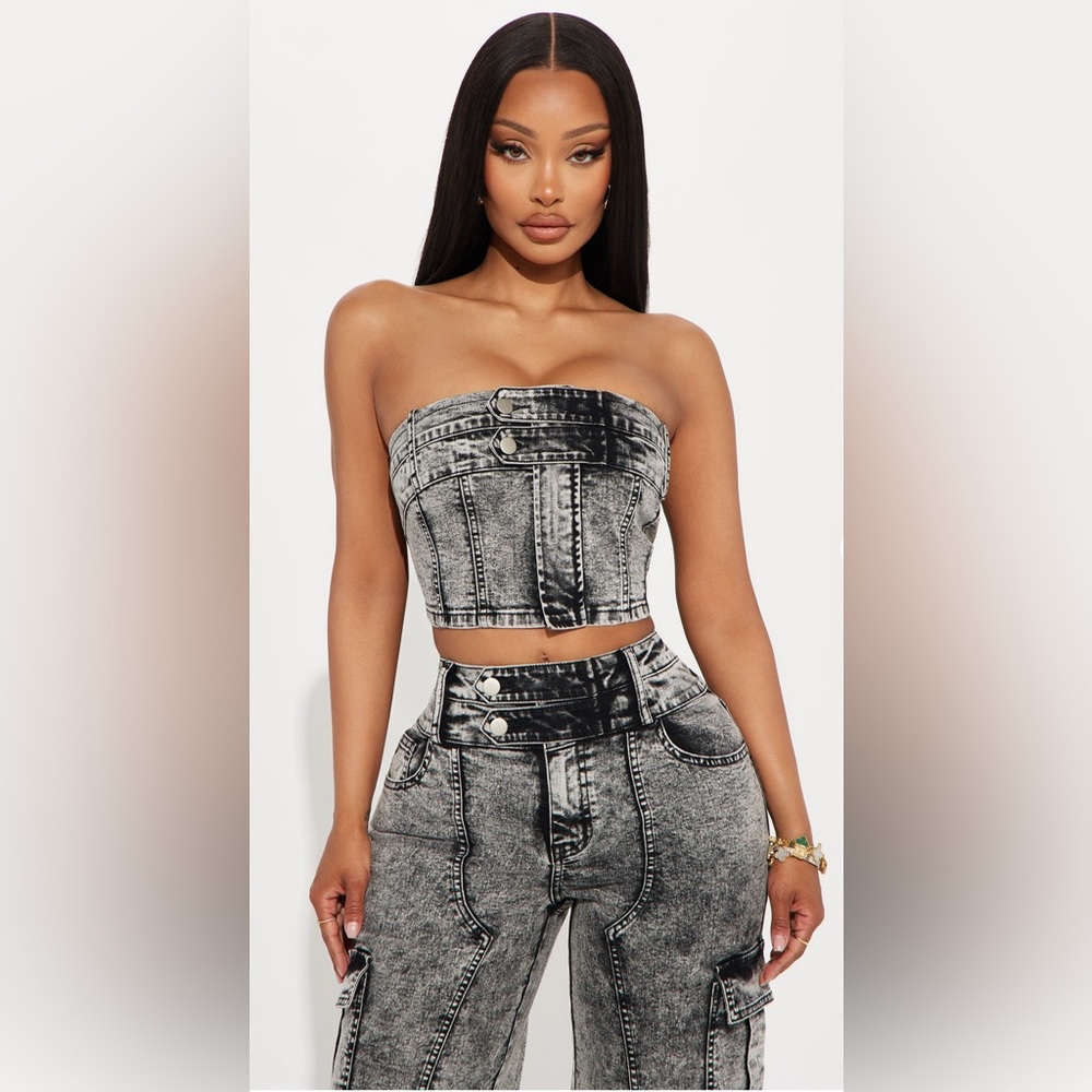 Fashion Nova Making Claims Strapless Denim Top - Black Wash